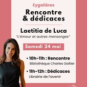 📚 La @librairie_de_lavenir à Eygalières vous invite à une matinée "rencontres et dédicaces" autour d’un premier roman qui fait vibrer la mémoire et les cœurs.

✨ Le samedi 24 mai 2025, venez rencontrer Laetitia de Luca, autrice de L’Amour et autres mensonges, publié chez @robert_laffont.
Un récit captivant où il est question d'amour, de transmission, d’exil et des non-dits qui traversent les générations.

🕙 Au programme :
• 10h-11h – Rencontre à la Bibliothèque Charles Galtier : l’autrice évoquera l’histoire derrière l’histoire, et ce qui se dit entre les lignes.

• 11h-12h – Séance de dédicaces à la Librairie de l’Avenir : l’occasion de repartir avec un livre signé, chargé d'émotions.

📍 Un moment fort en perspective, à ne pas manquer.

#eygalieres #laetitiadeluca #lamouretautresmensonges #dedicaces #weekendenprovence #fetedesmeres #roman #premierroman #lesalpilles #robertlaffont #dedicaces #partager #emotions #amourdelalitterature #onvousdonnerendezvous #lire #noslibrairesontdutalent #rencontre